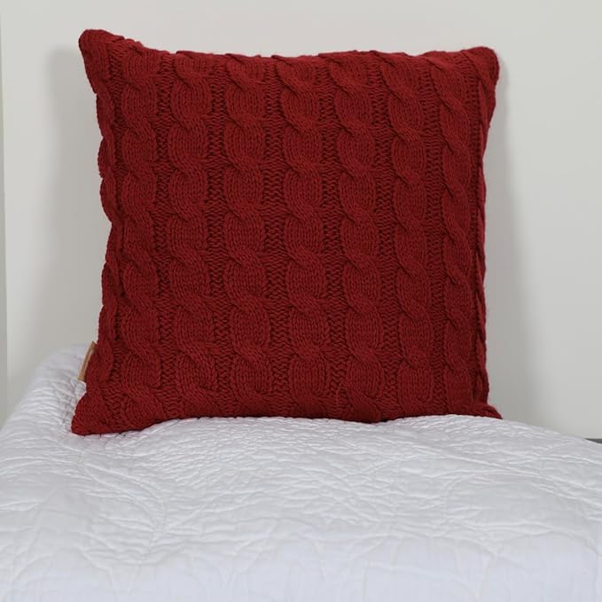 EcruE Luxury Cable Knit Decorative Throw Pillow - 18x18 inches, Solid Red, 100% Acrylic with Cotton Canvas Back, 15 Denier Fiberfill | Elegant Home Décor Accent