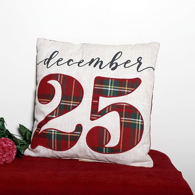 EcruE Luxury December 25" Plaid Embroidered Christmas Pillow, 16x16 Inches | Elegant Home Décor Accent