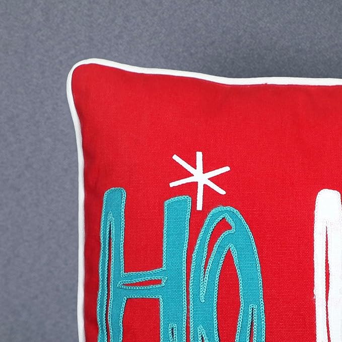 EcruE Luxury Ho Ho Ho" Embroidered Cushion with Cream Cord Piping (12x20") – Festive & Cheerful Holiday Decor | Elegant Home Décor Accent