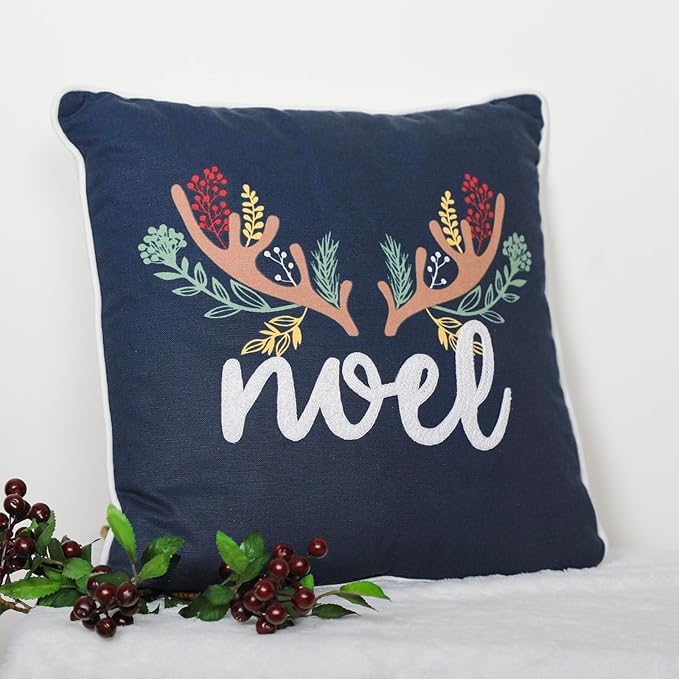 EcruE Luxury Noel Embroidered Cushion with Cream Cord Piping (16x16") – Festive Elegance for Your Home | Elegant Home Décor Accent