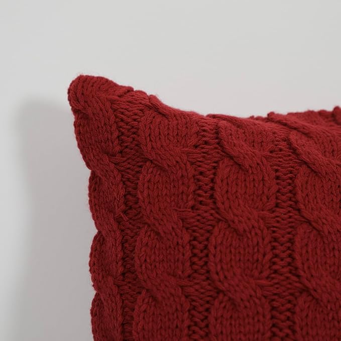 Cable Knit Decorative Throw Pillow - 18x18 inches, Solid Red, 100% Acrylic with Cotton Canvas Back, 15 Denier Fiberfill
