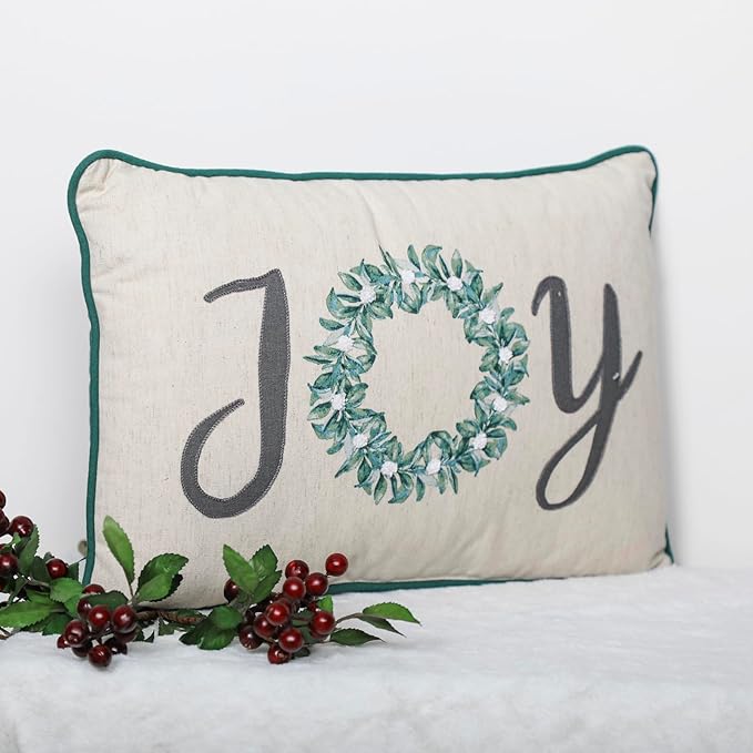EcruE Luxury Joy" Embroidered Cushion with Green Cord Piping (12x18") – A Festive Touch for Your Home | Elegant Home Décor Accent
