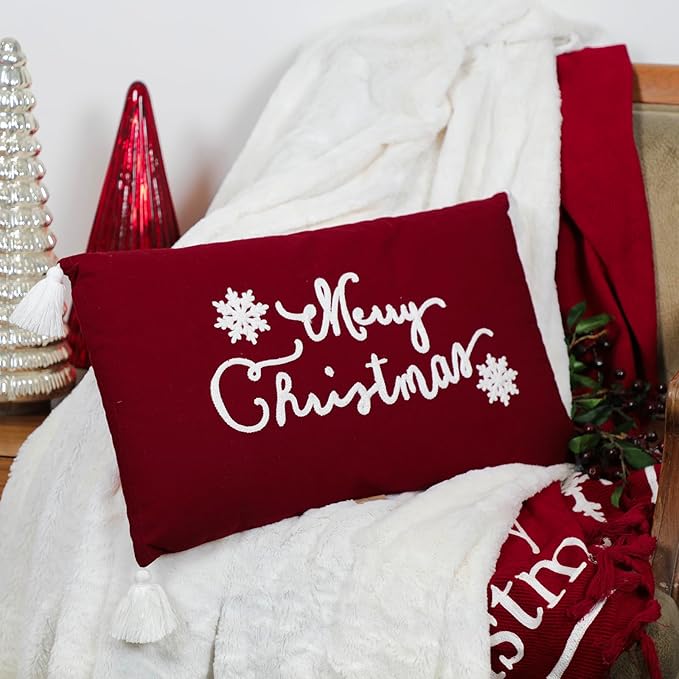 EcruE Luxury Merry Christmas Full Embroidered Pillow - 12x18 Inches, Festive Holiday Decor with Tassels | Elegant Home Décor Accent
