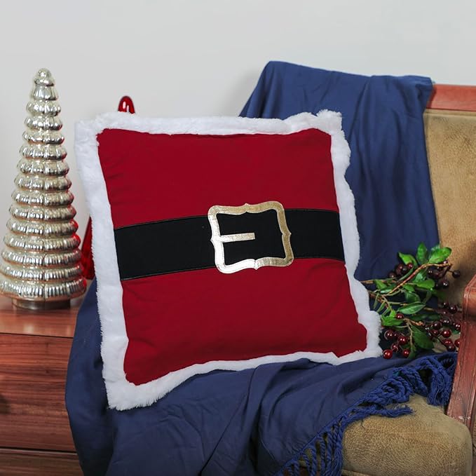 EcruE Luxury Santa Belt Applique Cushion, 18x18 Inches - Red with Gold Buckle, Christmas Decor | Elegant Home Décor Accent