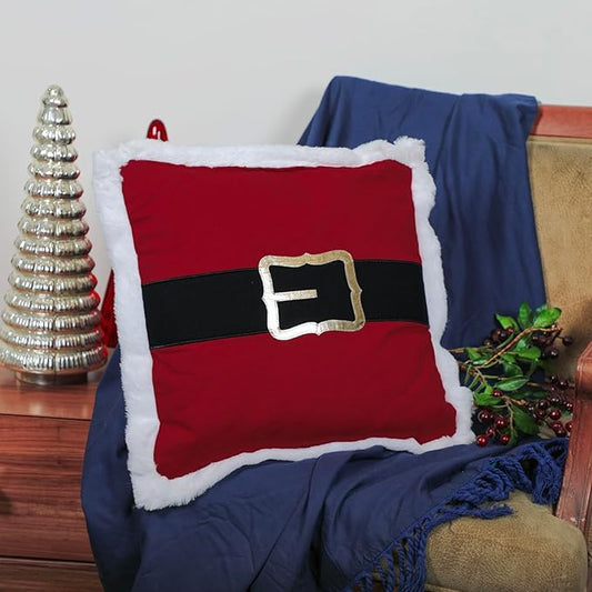 Santa Belt Applique Cushion, 18x18 Inches - Red with Gold Buckle, Christmas Decor