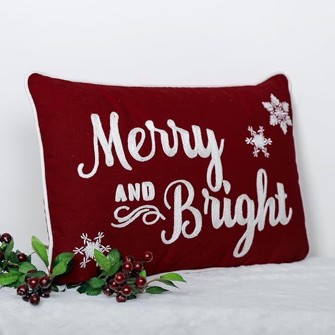 EcruE Luxury Merry and Bright Embroidered Cushion – 12x18 Inches, Festive Holiday Decor | Elegant Home Décor Accent