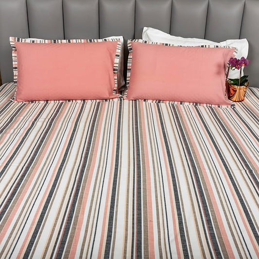 Ecrue Yarn Dyed Cotton Woven Stripe Bed Sheet 90x95'' with Pillow Case 17x27''