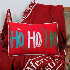 Ho Ho Ho" Embroidered Cushion with Cream Cord Piping (12x20") – Festive & Cheerful Holiday Decor