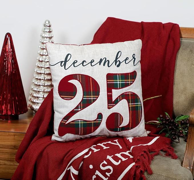 EcruE Luxury December 25" Plaid Embroidered Christmas Pillow, 16x16 Inches | Elegant Home Décor Accent