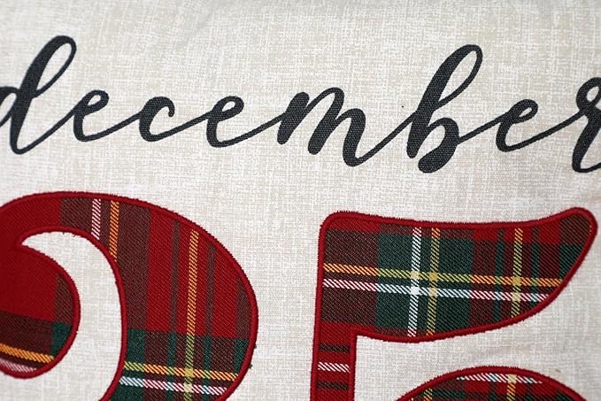 December 25" Plaid Embroidered Christmas Pillow, 16x16 Inches