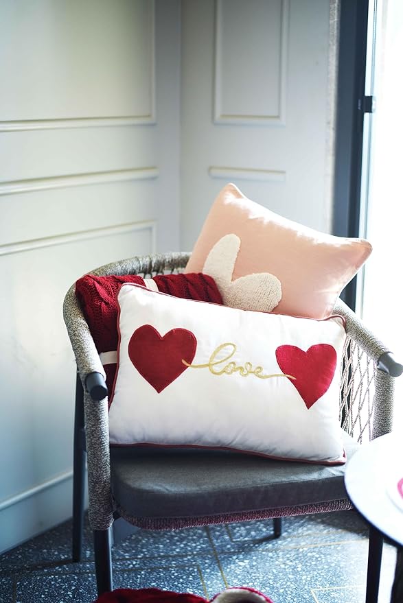 "Luxury Velvet Patch Embroidered Pillow | 14x20'' | 100% Cotton Canvas | Hand-Embroidered with Red Velvet Hearts | Non-Woven Filler | Valentine Cushion