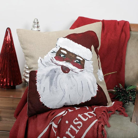 Santa Printed Cushion - 18x18 Inches, 10 Lea Linen Fabric, Festive Holiday Decor