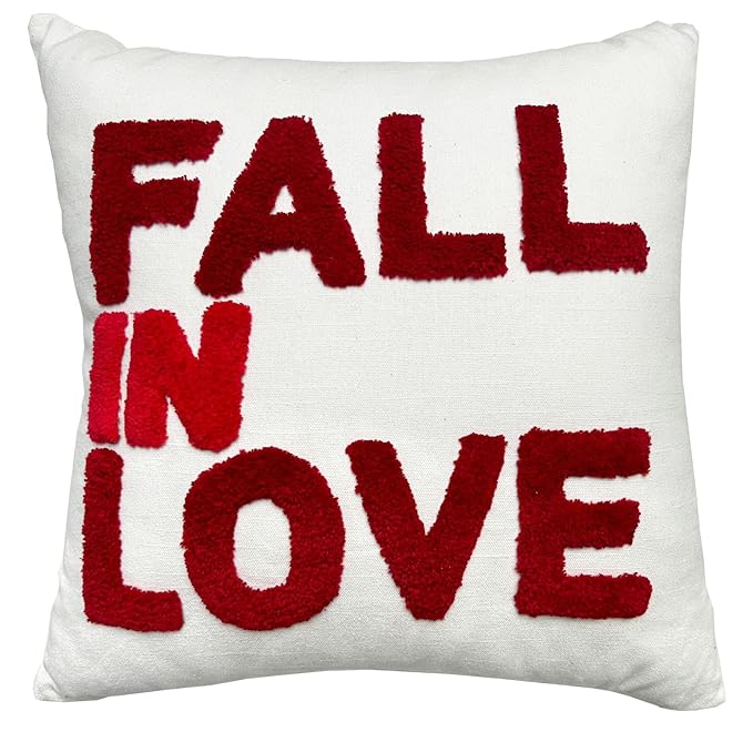EcruE Luxury FALL IN LOVE" Tufted Cushion - 18x18 Inches | Soft Cotton Slub Pillow with Gradient Red Text | Cozy Decorative Throw Pillow for Living Room, Bedroom & Valentine's Day | Elegant Home Décor Accent