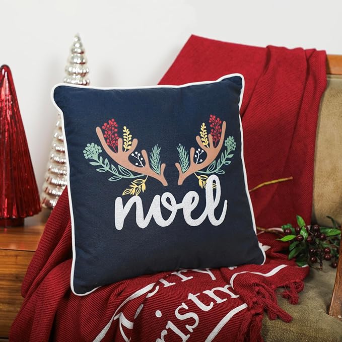 EcruE Luxury Noel Embroidered Cushion with Cream Cord Piping (16x16") – Festive Elegance for Your Home | Elegant Home Décor Accent