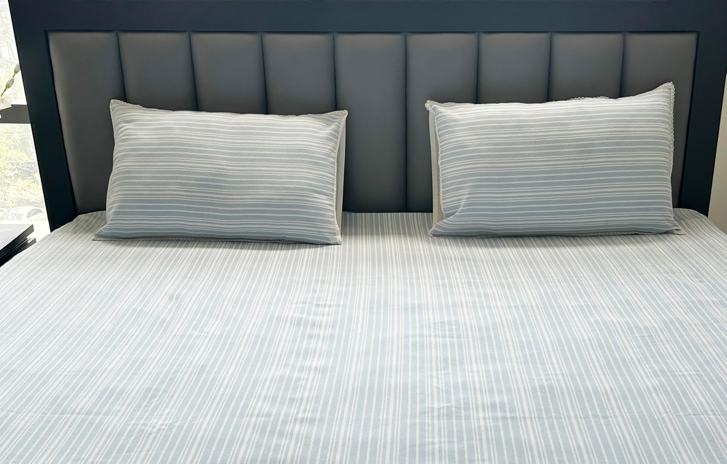 Ecrue Yarn Dyed Woven Cotton/Poly Stripe Bed Sheet 92x96'' with Pillow Case 17x27''