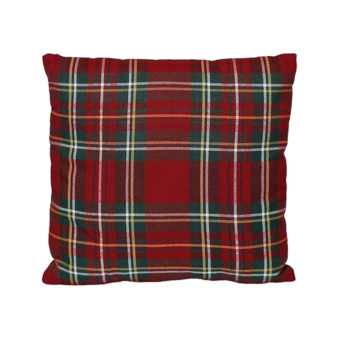 EcruE Luxury December 25" Plaid Embroidered Christmas Pillow, 16x16 Inches | Elegant Home Décor Accent