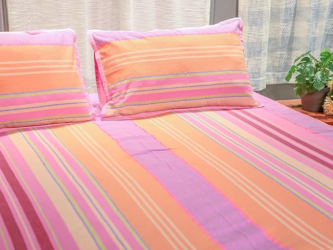 Ecrue Premium 100% Cotton Woven Striped Textured Bed Sheet Set - Soft Pastel Stripes, Breathable & Durable, Includes Pillow Covers, King Size