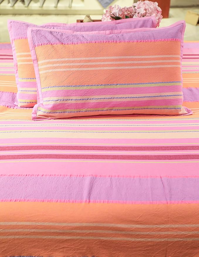 Ecrue Premium 100% Cotton Woven Striped Textured Bed Sheet Set - Soft Pastel Stripes, Breathable & Durable, Includes Pillow Covers, King Size