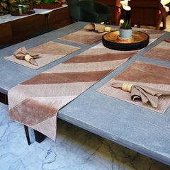 Ecrue Premium Linen Blend Table Linen Set – Brown | Elegant Dining Set with Cotton Velvet Accents | Includes 8 Napkins, 8 Placemats & 1 Table Runner