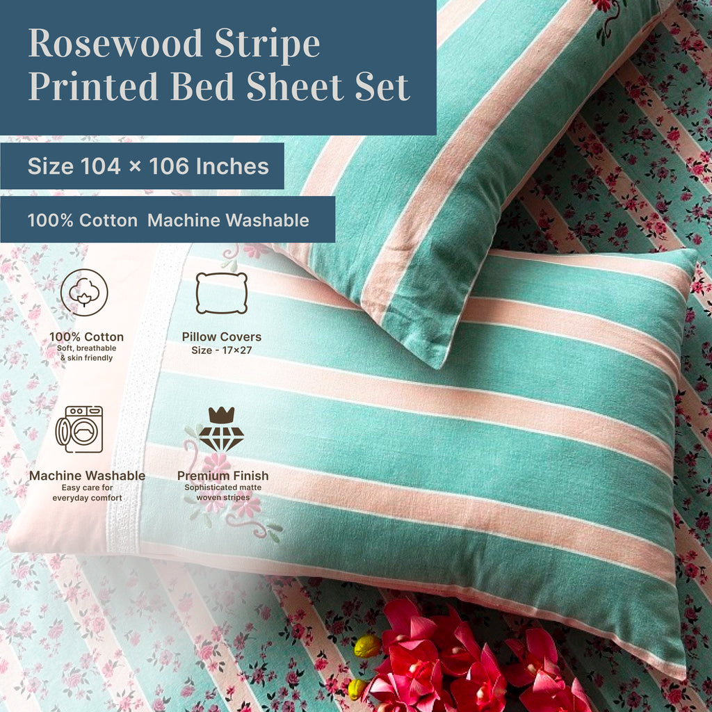 Rosewood Woven Stripe Printed Cotton Flat Bed Sheet Set
