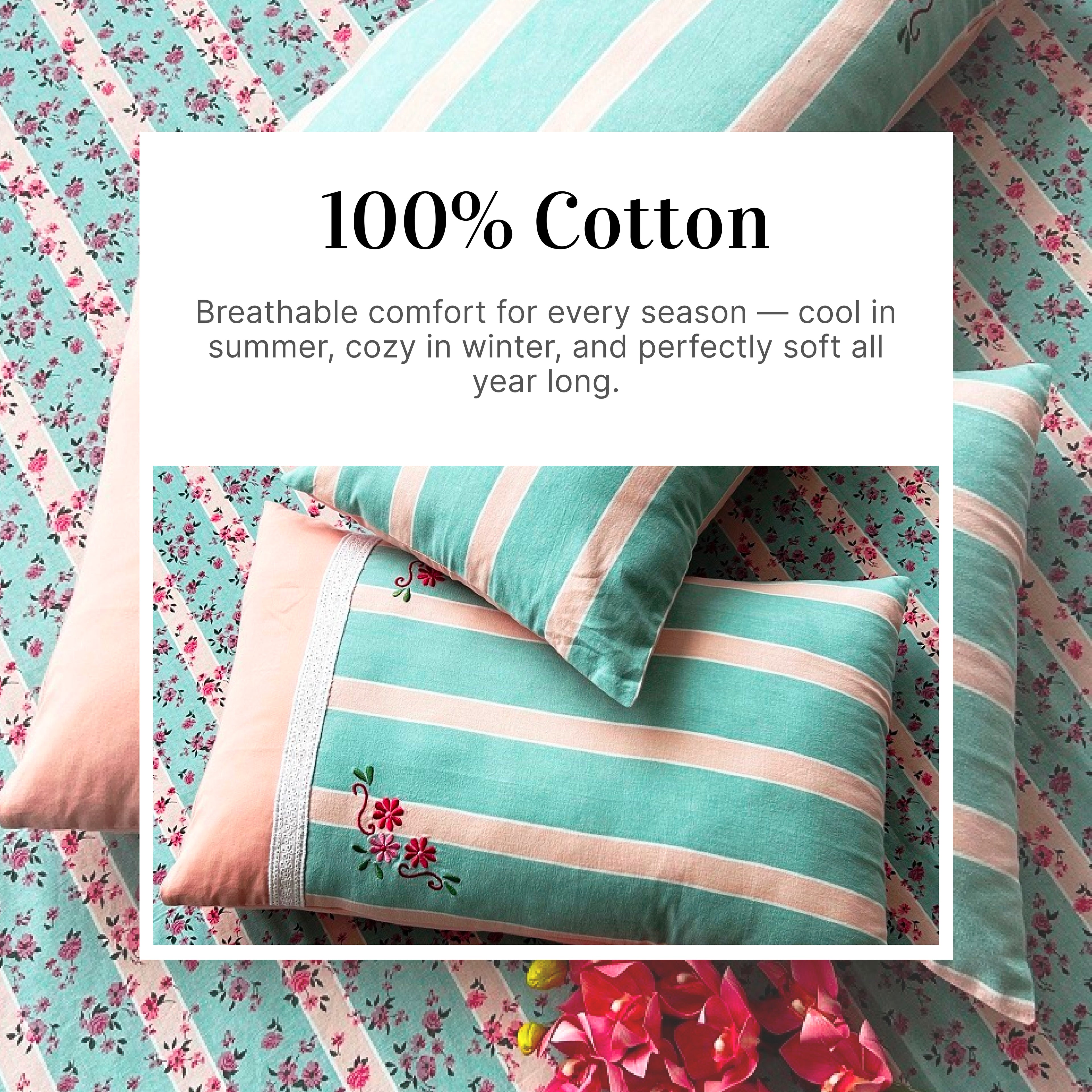 Rosewood Woven Stripe Printed Cotton Flat Bed Sheet Set