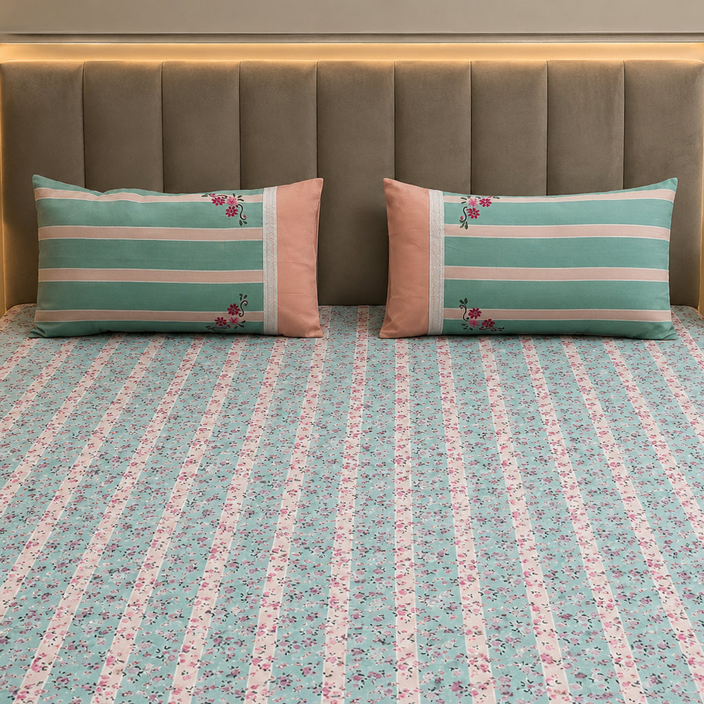 Rosewood Woven Stripe Printed Cotton Flat Bed Sheet Set