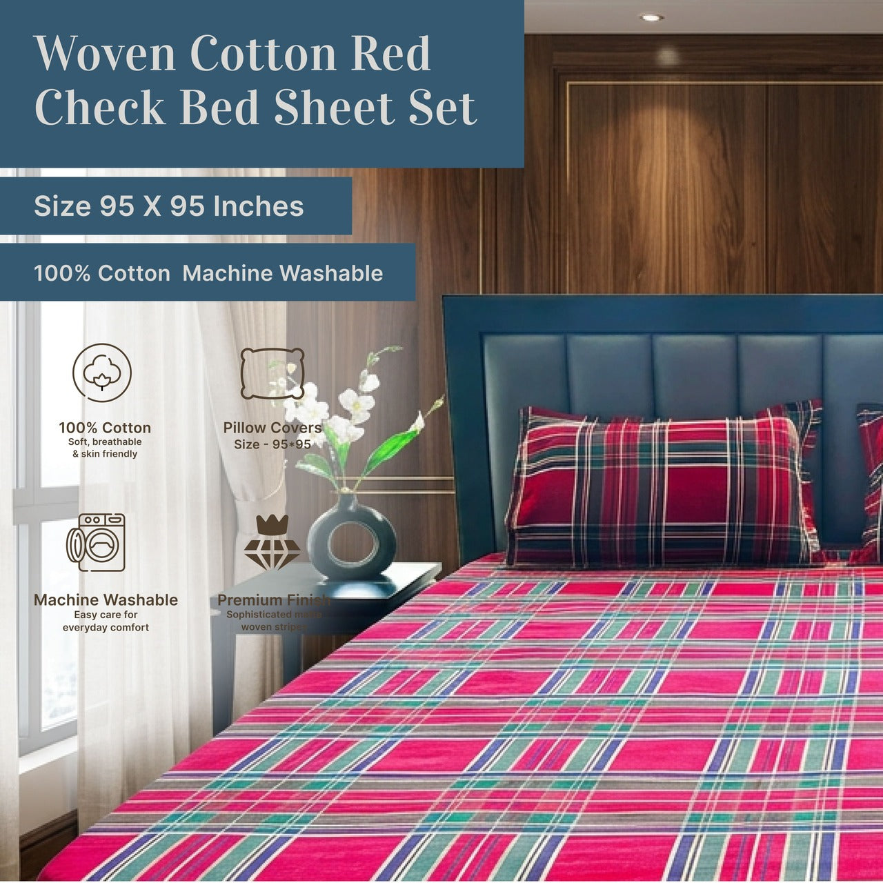 EcruE Premium Woven Cotton Plaid Bed Sheet Set – 100% Cotton, Soft, Breathable & Durable