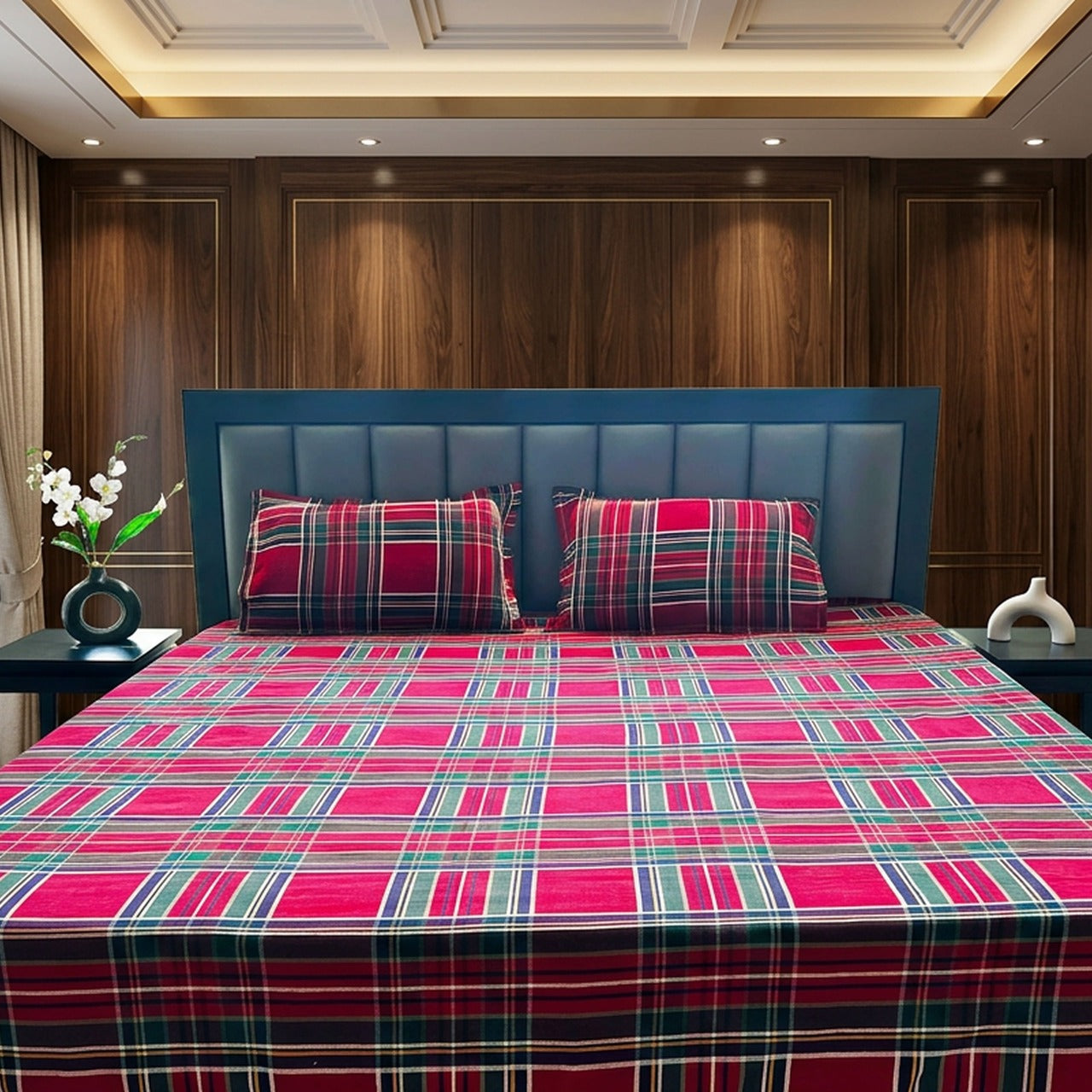 EcruE Premium Woven Cotton Plaid Bed Sheet Set – 100% Cotton, Soft, Breathable & Durable