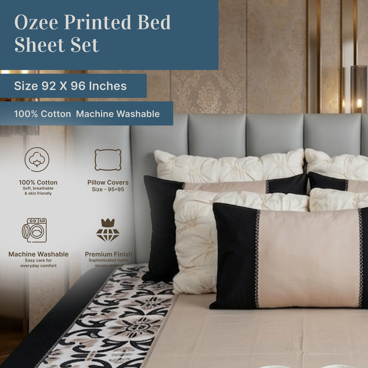 EcruE Premium Ozee Printed 100% Cotton Bed Sheet Set – Soft, Breathable & Comfortable