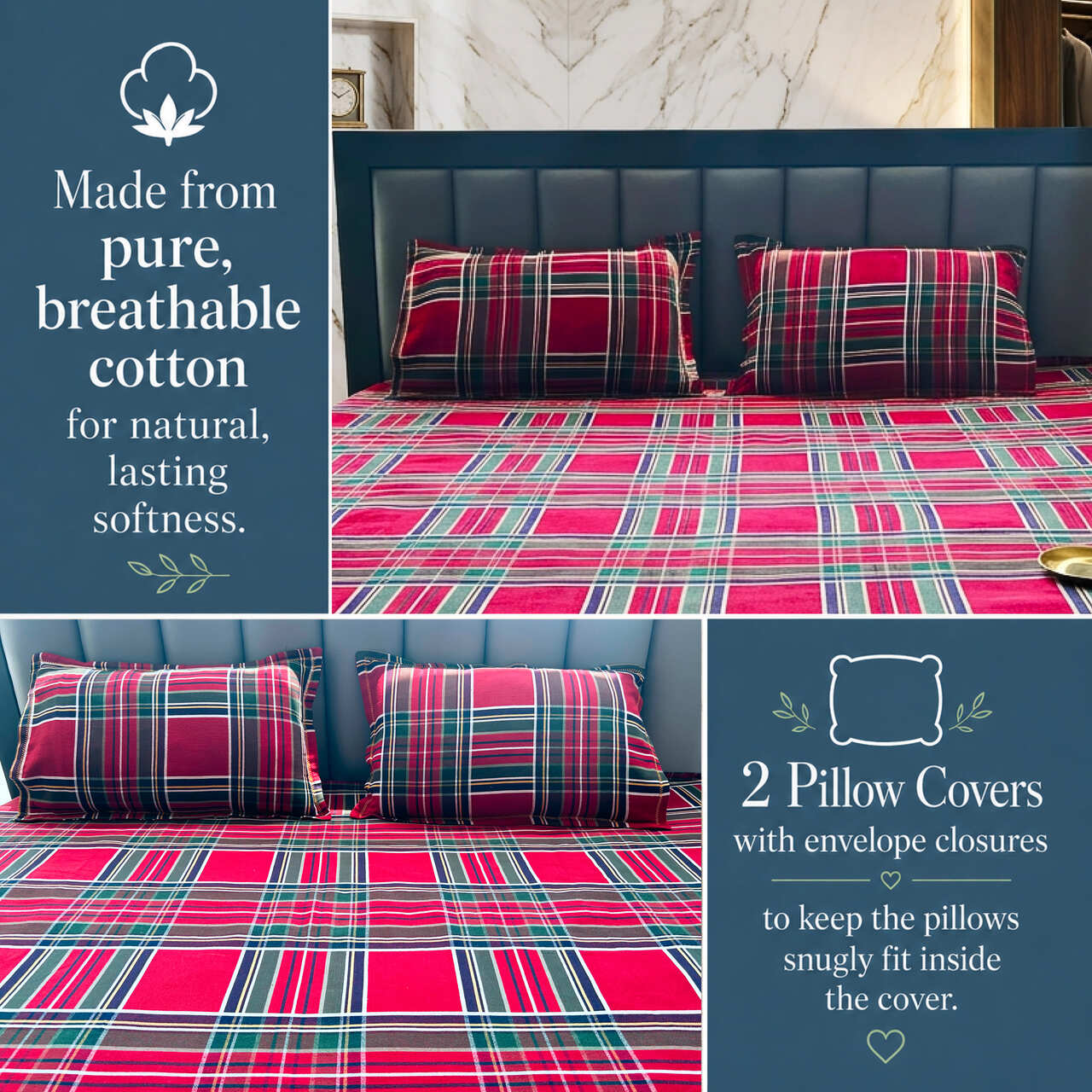 EcruE Premium Woven Cotton Plaid Bed Sheet Set – 100% Cotton, Soft, Breathable & Durable