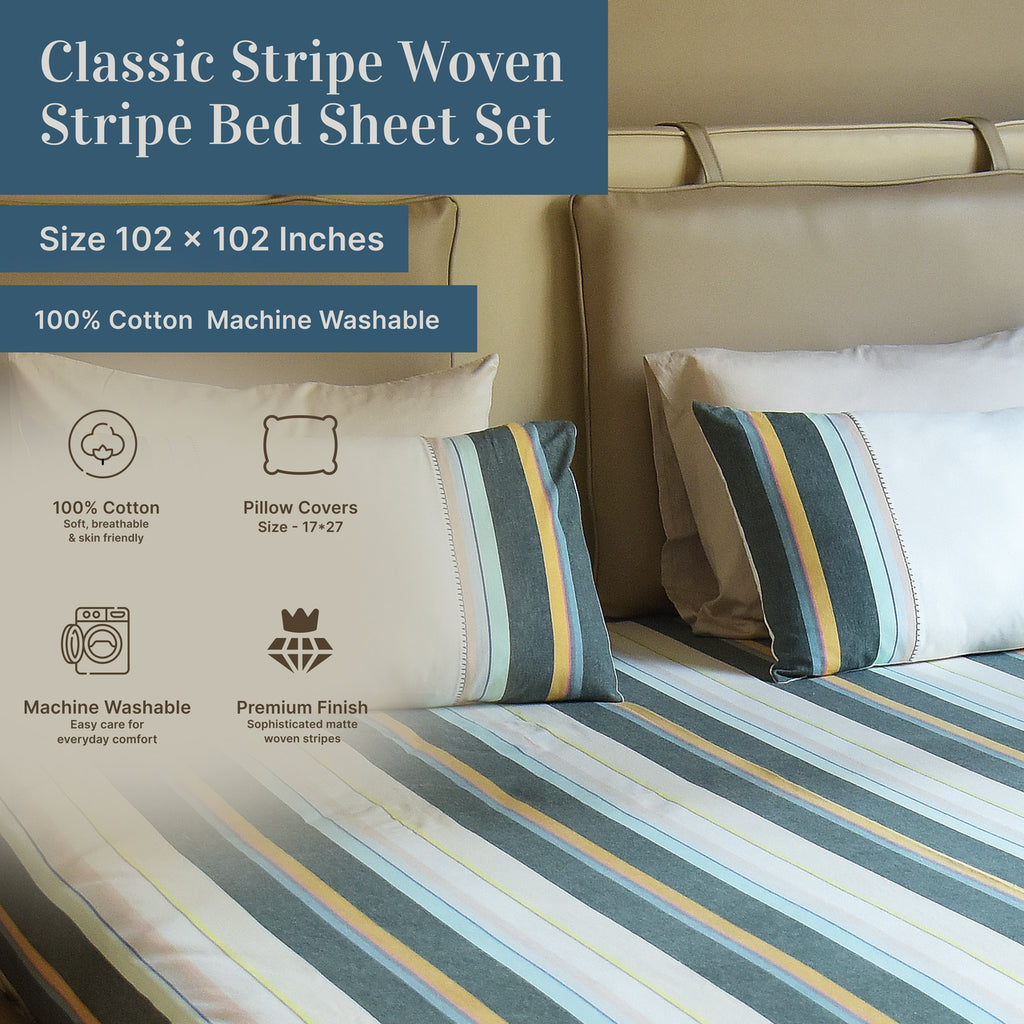 Luxurious Yarn-Dyed Woven Stripe Cotton Bed Sheet Set