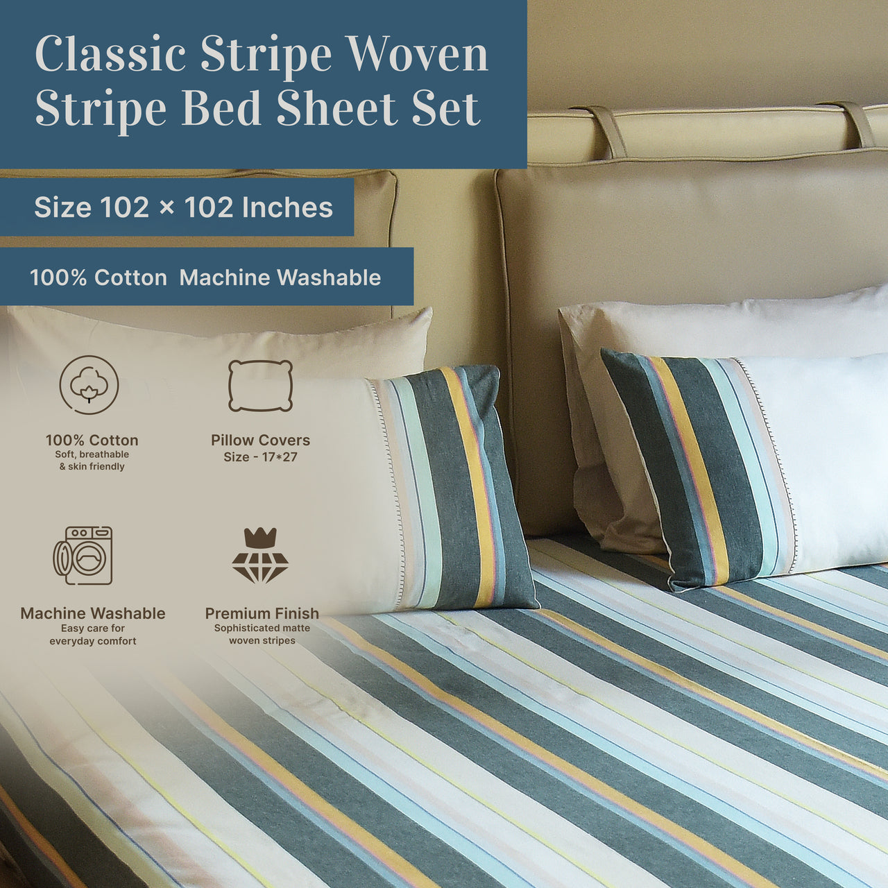 Luxurious Yarn-Dyed Woven Stripe Cotton Bed Sheet Set
