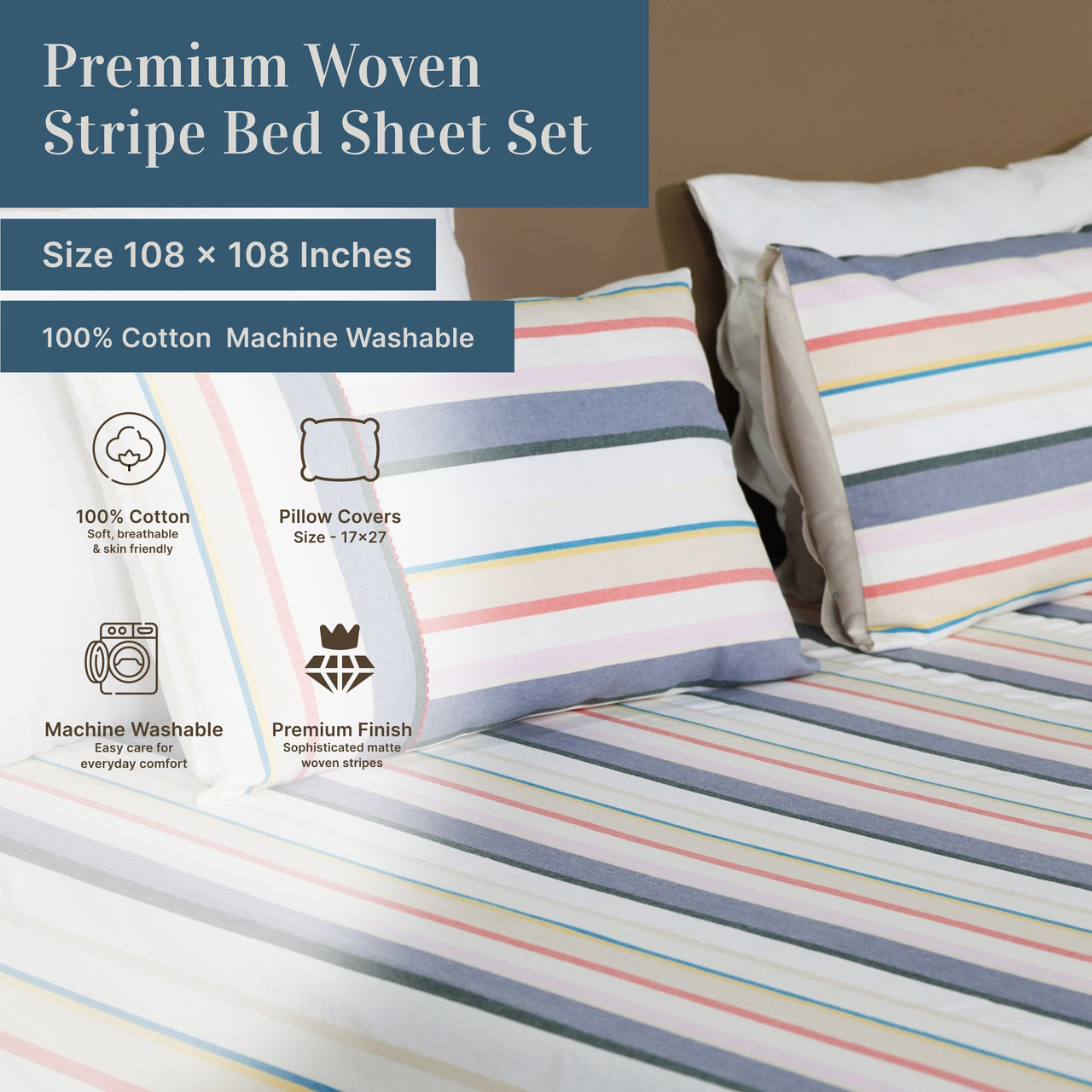 Premium Woven Cotton Stripe Flat Bed Sheet Set