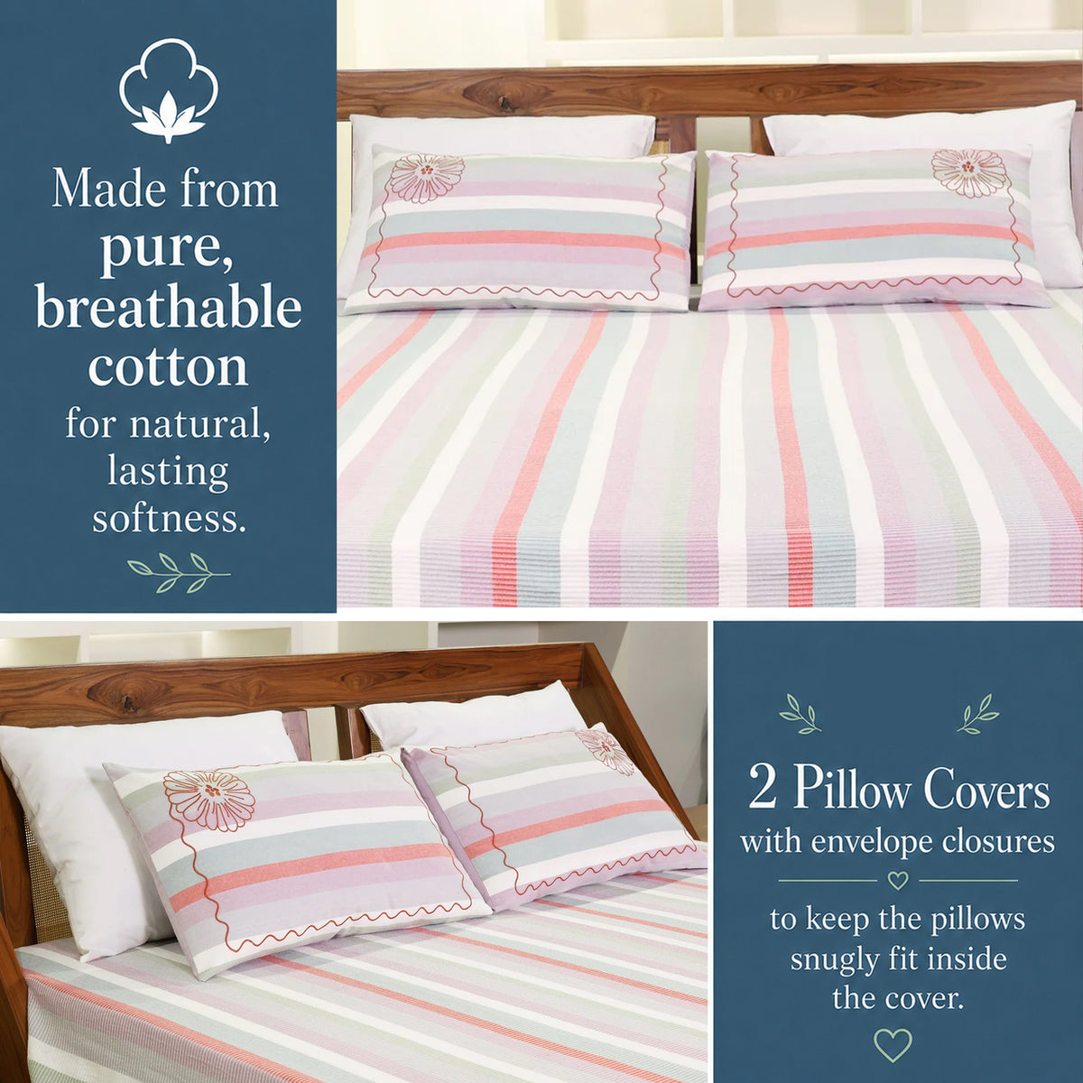 Multi-Colour Yarn-Dyed Stripe 100% Cotton Bed Sheet Set