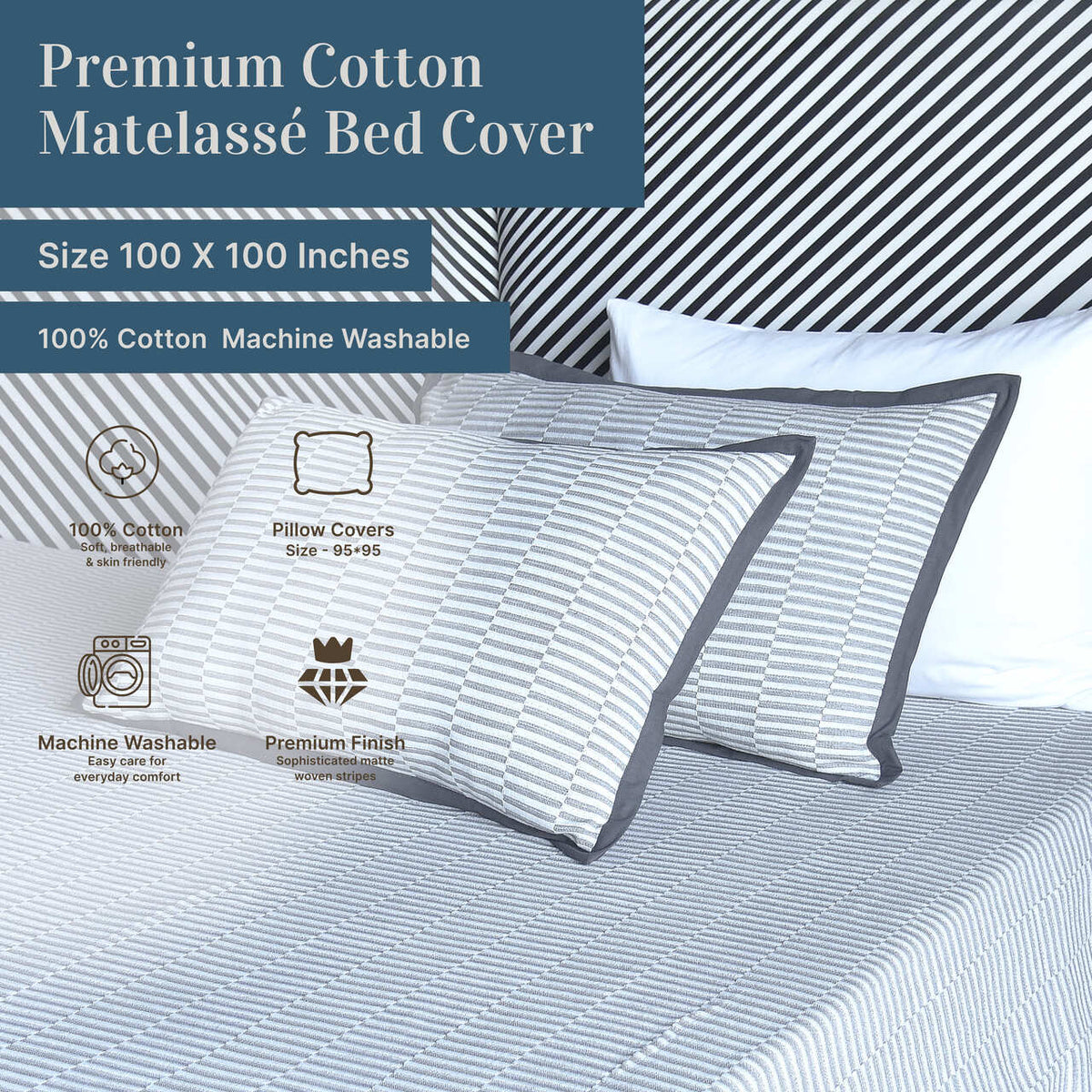 EcruE Luxury Montage Matelasse 80TC Woven Cotton Bed Cover Set | Elegant Home Décor Accent