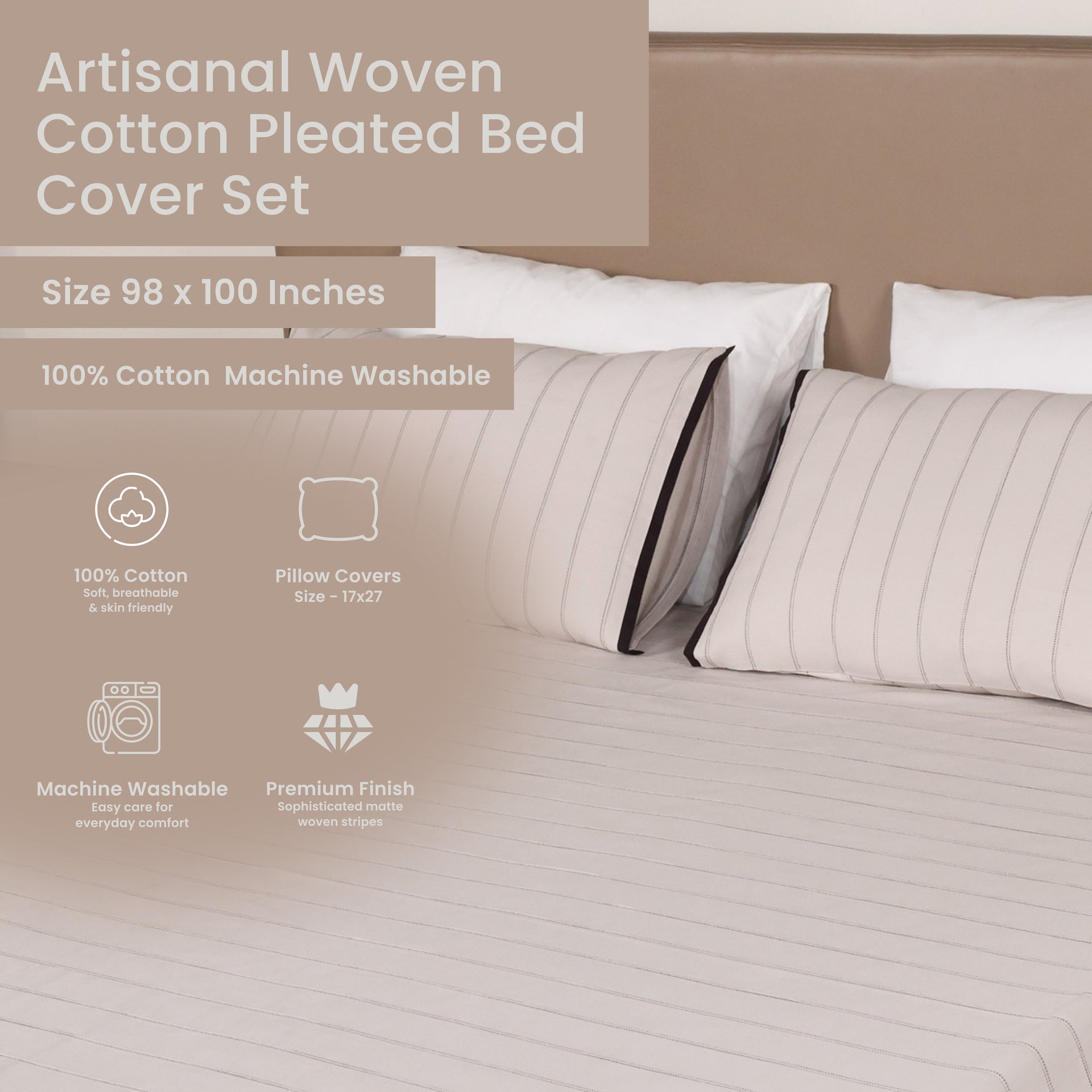 EcruE Luxury Woven Pleated Stripe Cotton  Bed Cover