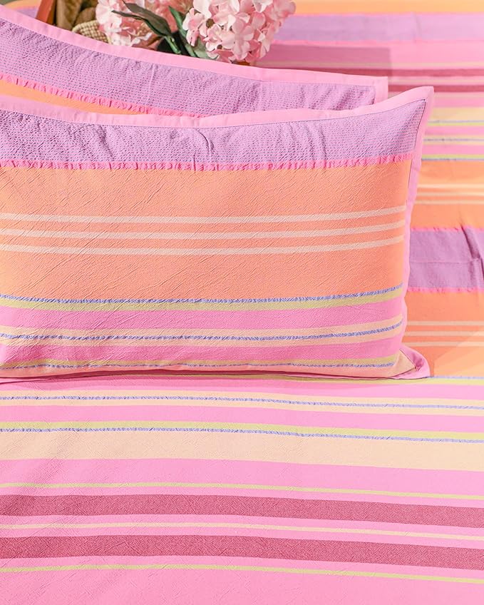 Ecrue Premium 100% Cotton Woven Striped Textured Bed Sheet Set - Soft Pastel Stripes, Breathable & Durable, Includes Pillow Covers, King Size