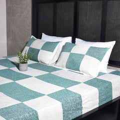 Luxury Elegant & Cotton Woven Bed sheet  - With Matching Pillow Cover  – Cream & Green Checkerboard Design, Soft & Breathable, Machine Washable for Modern Bedroom Decor (98x100 Inches)"