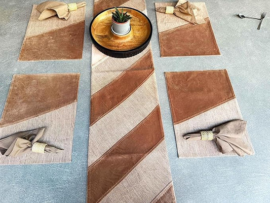 Ecrue Premium Linen Blend Table Linen Set – Brown | Elegant Dining Set with Cotton Velvet Accents | Includes 8 Napkins, 8 Placemats & 1 Table Runner