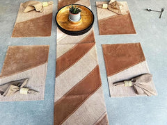 Ecrue Premium Linen Blend Table Linen Set – Brown | Elegant Dining Set with Cotton Velvet Accents | Includes 8 Napkins, 8 Placemats & 1 Table Runner