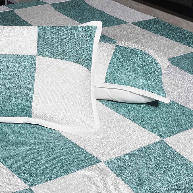 Luxury Elegant & Cotton Woven Bed sheet  - With Matching Pillow Cover  – Cream & Green Checkerboard Design, Soft & Breathable, Machine Washable for Modern Bedroom Decor (98x100 Inches)"