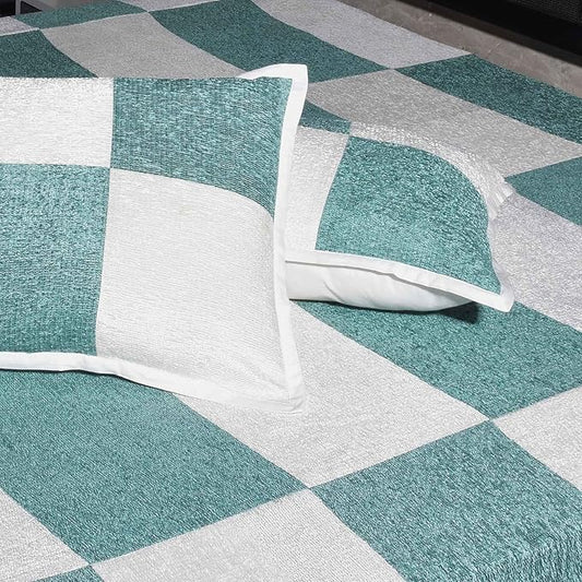 Luxury Elegant & Cotton Woven Bed sheet  - With Matching Pillow Cover  – Cream & Green Checkerboard Design, Soft & Breathable, Machine Washable for Modern Bedroom Decor (98x100 Inches)"