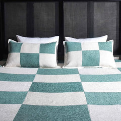 Luxury Elegant & Cotton Woven Bed sheet  - With Matching Pillow Cover  – Cream & Green Checkerboard Design, Soft & Breathable, Machine Washable for Modern Bedroom Decor (98x100 Inches)"