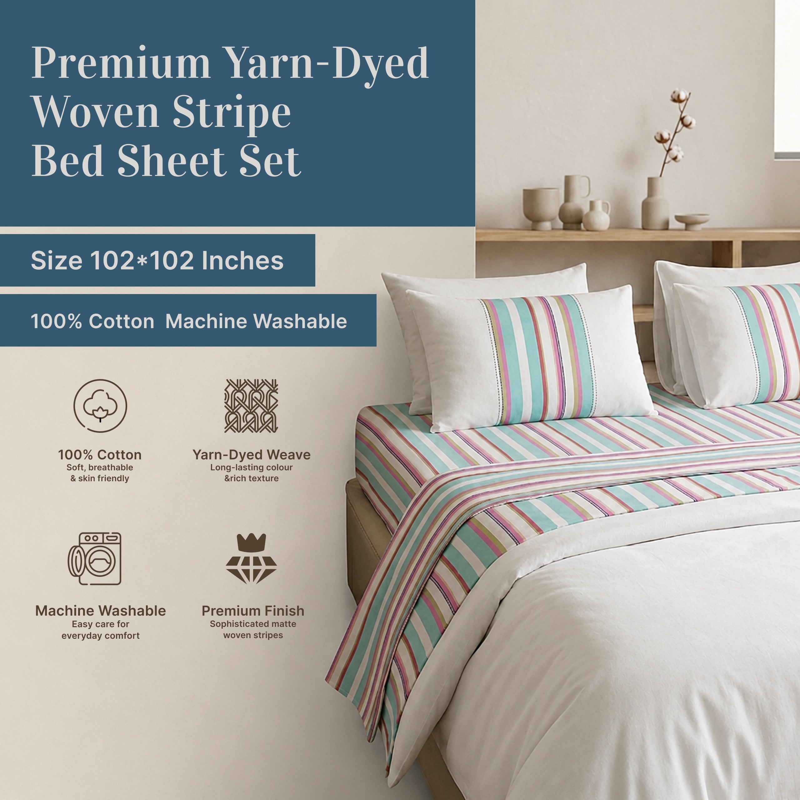 Premium Yarn-Dyed Woven Stripe Bed Sheet Set