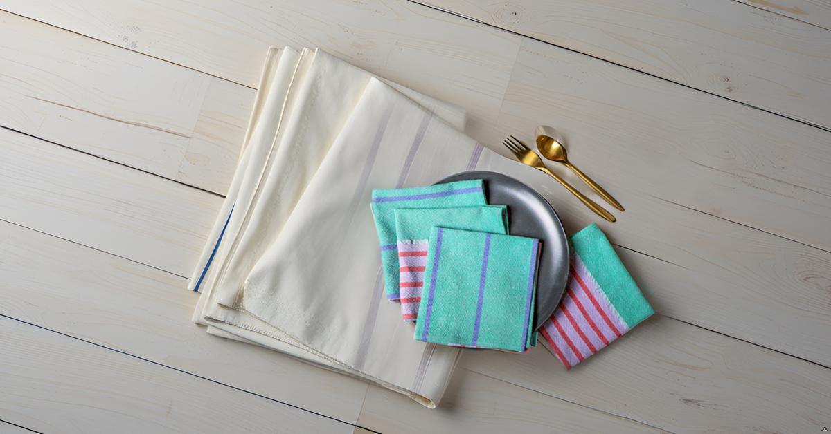 EcruE Yarn Dyed Woven Stripe Washed Textured Napkin Set (4 Pcs, 12"x12") – 100% Cotton Premium Fabric, Light Teal, Lavender & Coral Stripes, Made in India