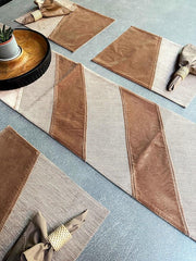 Ecrue Premium Linen Blend Table Linen Set – Brown | Elegant Dining Set with Cotton Velvet Accents | Includes 8 Napkins, 8 Placemats & 1 Table Runner