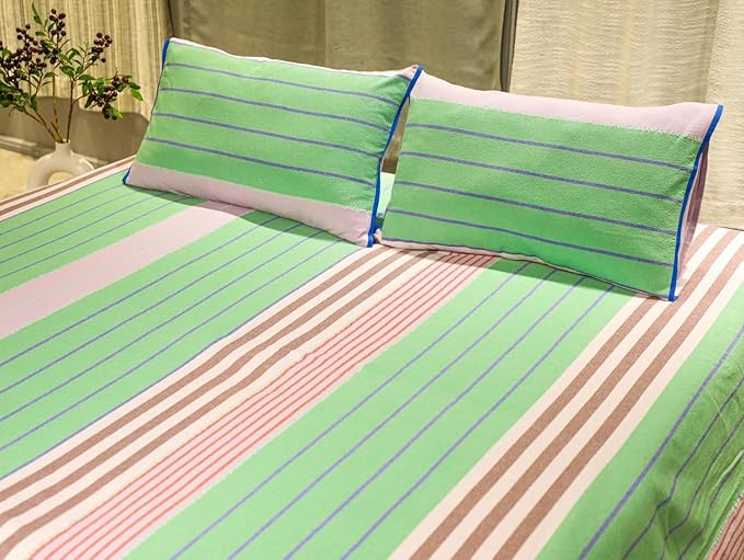 EcruE Luxury Ecrue 100% Pure Cotton Striped Textured Bed Sheet Set – Green, 94 x 100 Inches, 1 Flat Bed Sheet & 2 Pillow Covers | Elegant Home Décor Accent