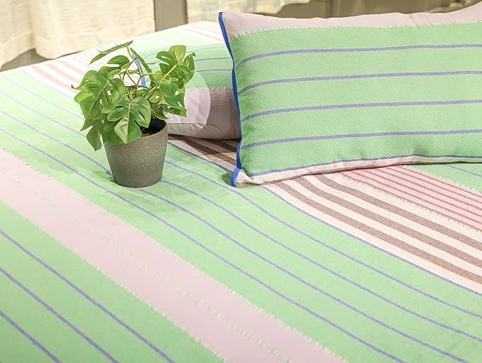 EcruE Luxury Ecrue 100% Pure Cotton Striped Textured Bed Sheet Set – Green, 94 x 100 Inches, 1 Flat Bed Sheet & 2 Pillow Covers | Elegant Home Décor Accent