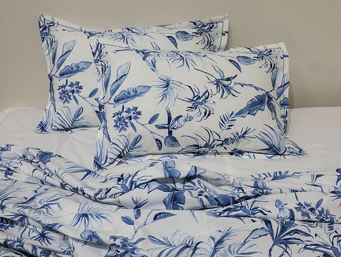 EcruE 180 TC Premium Cotton Printed Bed Sheet Set – Indigo Palms | Ultra-Soft, Breathable & Durable with 2 Pillowcases | Easy Care & Fade-Resistant