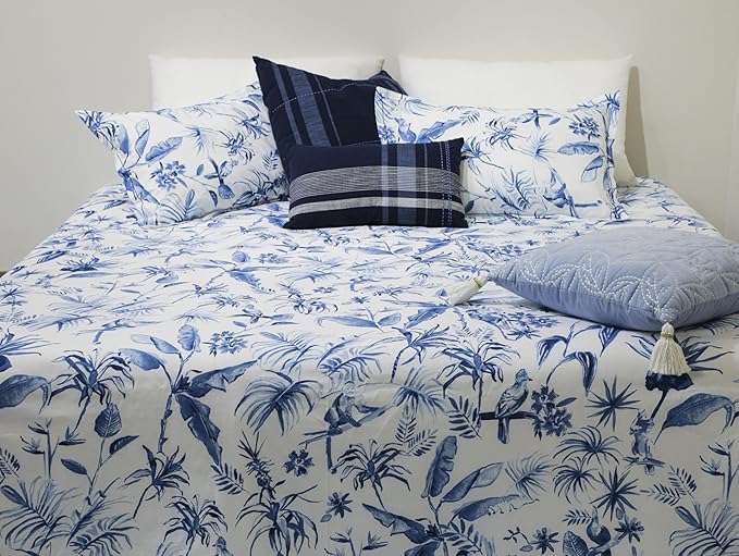 EcruE 180 TC Premium Cotton Printed Bed Sheet Set – Indigo Palms | Ultra-Soft, Breathable & Durable with 2 Pillowcases | Easy Care & Fade-Resistant